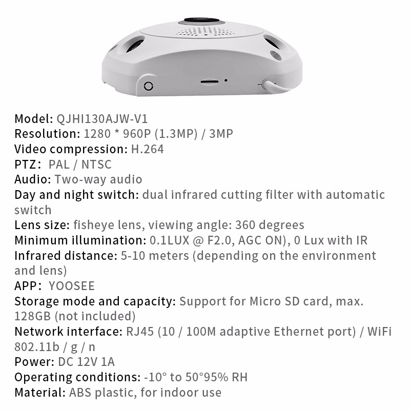 Camera mắt cá HD 960P CCTV 3MP VR kết nối wifi thông minh góc nhìn 360 độ