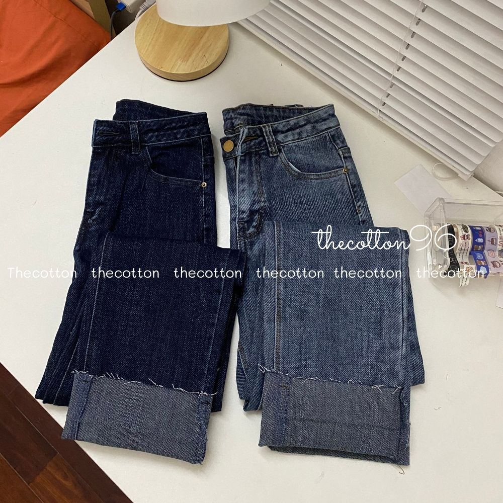 Quần Bò Gập Gấu Co Giãn Hàn Quốc Quần Jeans Nữ Xanh Đậm Lưng Cao TheCotton