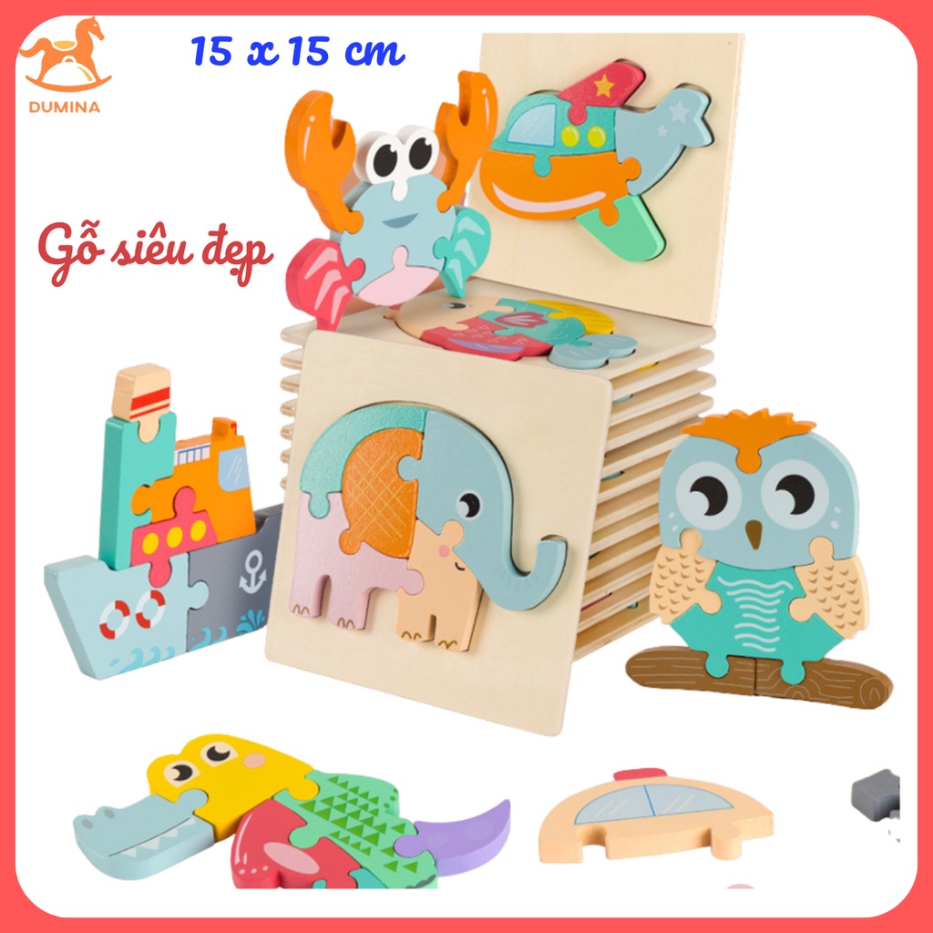 Đồ chơi tranh ghép hình gỗ 3D kích thước 15x15cm - Dạng xếp hình nổi cao cấp cho bé