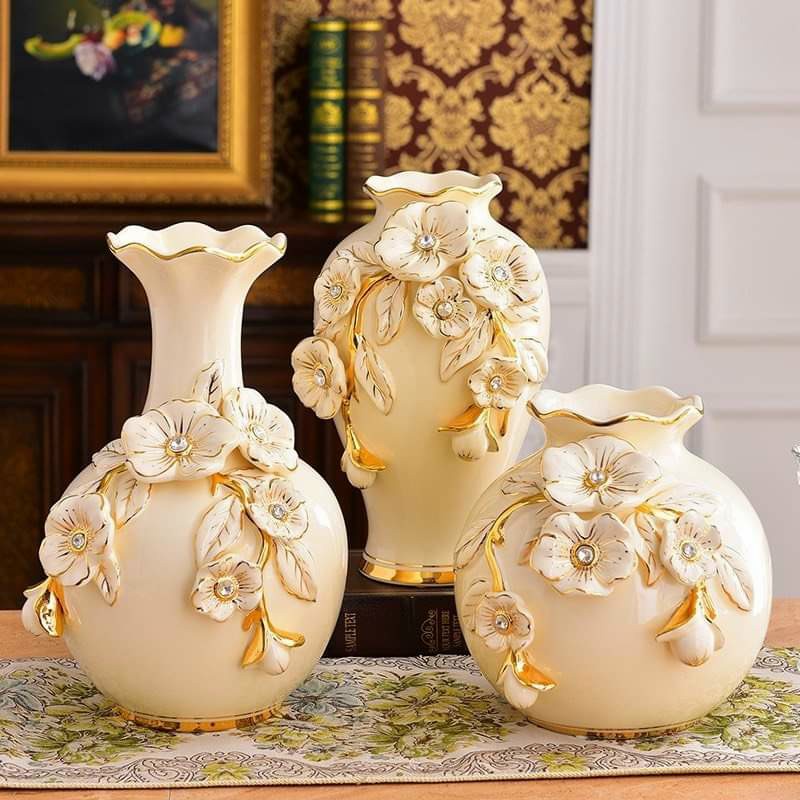 Bộ 3 Bình Hoa-Bình Cắm Bông Bằng Gốm Sứ Quảng Châu,Mạ Vàng,DECOR trang trí,Bàn,Tủ,Kệ,hàng cao cấp,giá rẻ,quà tặng đẹp