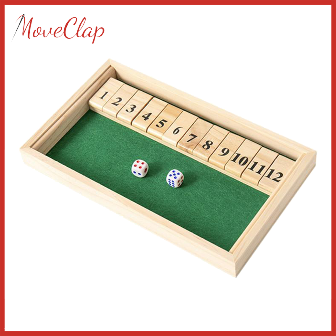 MoveClap Shut The Box Game - 12 Numbers Wooden Dice Game Wooden Number Board Game
