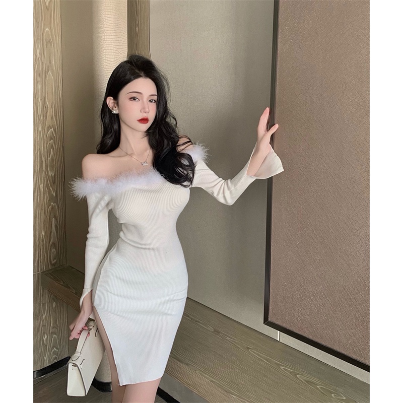 Đầm Dệt Kim Dáng Ôm Phối Lông Thời Trang Quyến Rũ Cho Nữ