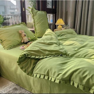 Bộ chăn ga gối cotton tici viền bèo - Màu xanh bơ.
