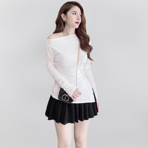 Áo lệch vai Bingshop , áo thun nữ body cổ thuyền vải borip co giãn dày đẹp | BigBuy360 - bigbuy360.vn