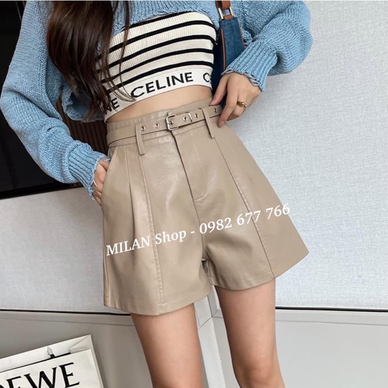 Quần short da cạp cao kèm đai có lót loại 1