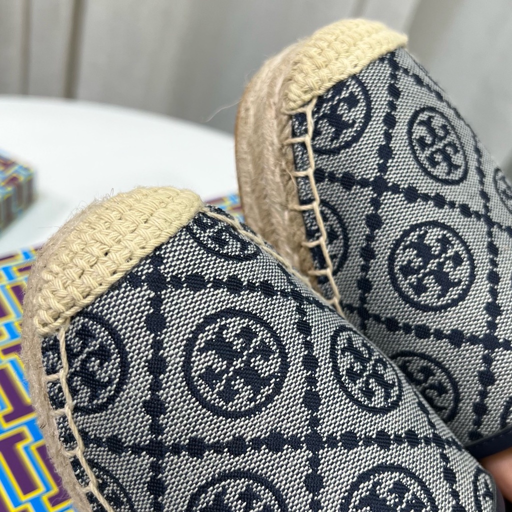 Giày đế cói nữ da thật thời trang cao cấp Tory Burch TB thiết kế thêu họa tiết logo