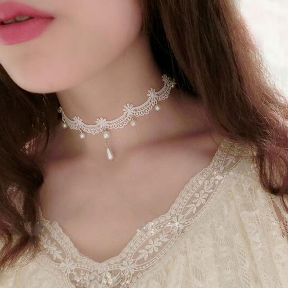 Vòng Cổ Choker Ren Đính Hạt Giả Ngọc Trai Trắng Phong Cách Gothic