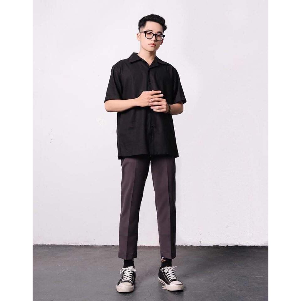 Áo Sơ Mi Tay Lỡ Cổ Vest CR MEN đen trắng unisex nam nữ trơn vải lụa mềm | BigBuy360 - bigbuy360.vn