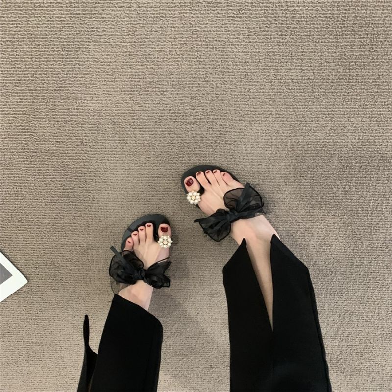 Giày Sandal Gót Thấp Hở Ngón Đính Nơ Phong Cách Thời Trang Xuân Hè Dành Cho Nữ