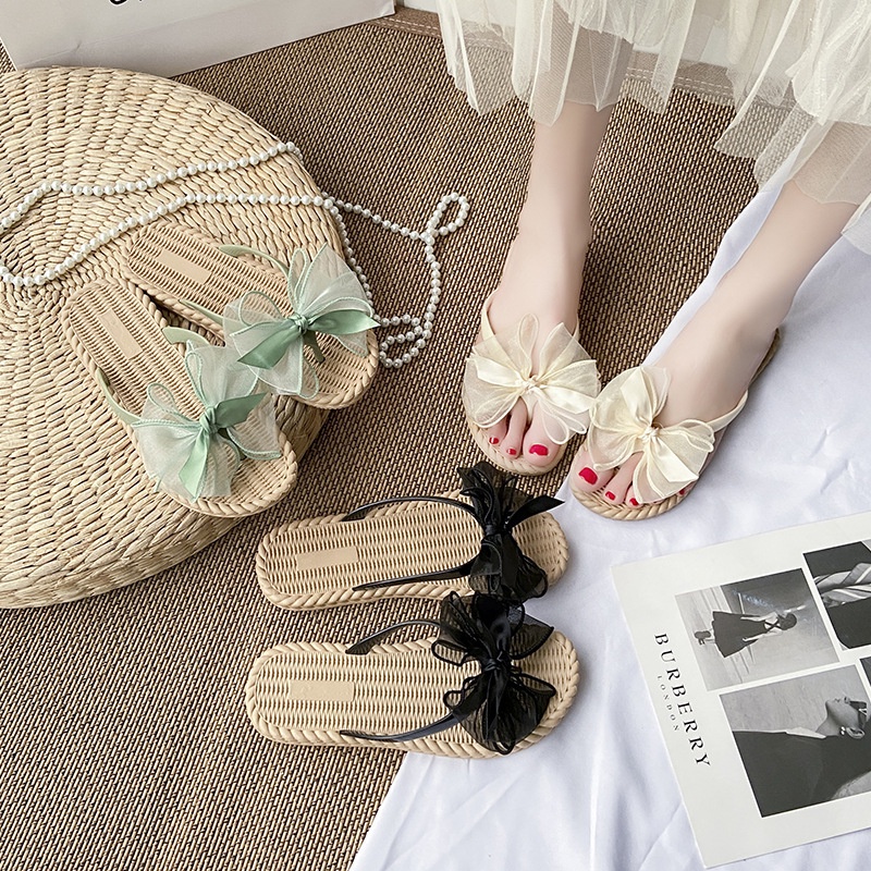 [Sẵn Đủ Size] Dép Nơ Voan Xỏ Ngón Giả Cói Đi Biển Chống Trơn Trượt, Mang Êm, Nhẹ, Bền, Xinh Xắn