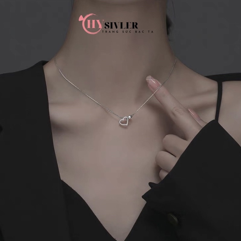 Dây chuyền bạc ta trái tim đính đá lồng hình tròn gắn kết dây chuyền nữ bạc thật