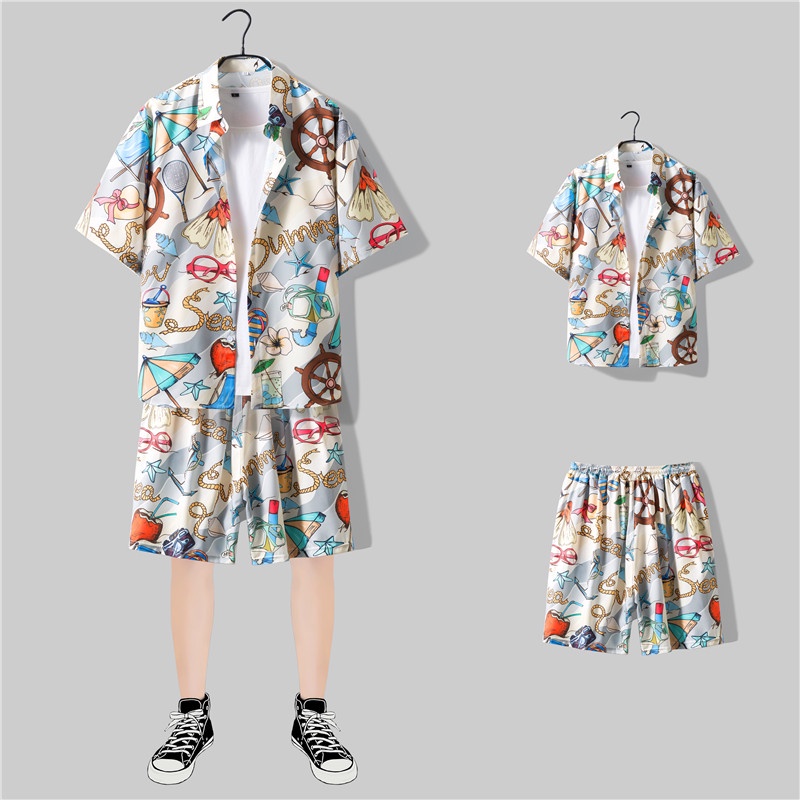 Set áo sơ mi ngắn tay + quần đùi in họa tiết phong cách unisex trẻ trung thời trang