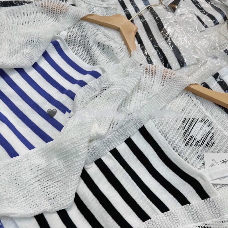 Set áo len 2 dây kẻ croptop kèm khoác len dệt kim siêu xinh