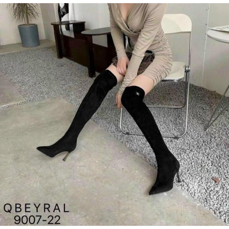 H(ẢNH THẬT) Boot Đùi Cao Gót Nhọn 9p Qbey Da Lộn Lót Nỉ Lông Hàng Chuẩn Xịn Fullbox Cao Cấp
