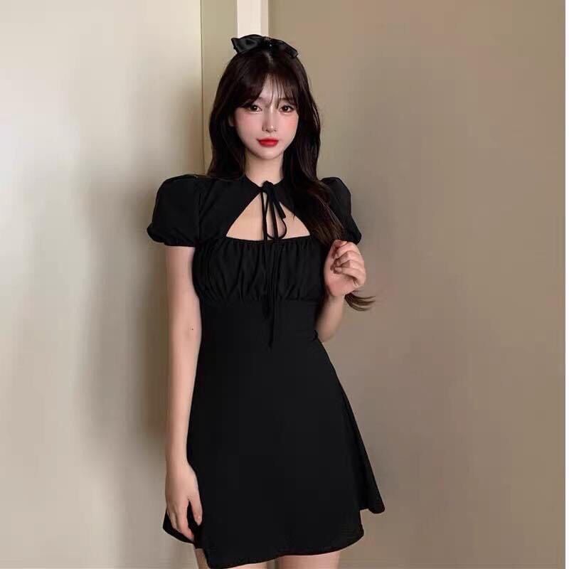 Váy Body Nhúm Ngực Nữ - Đầm Tay Bồng Cột Nơ Cổ Dáng Ôm