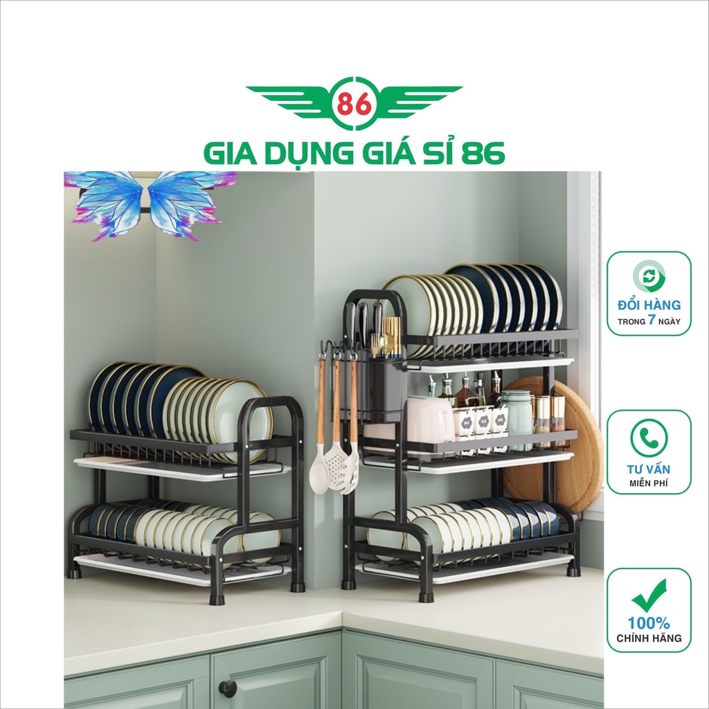 Kệ Để Chén Đĩa Thông Minh Sơn Đen Cao Cấp 2 tầng và 3 Tầng Kèm Khay Đựng Bát Đĩa Cho Nhà Bếp