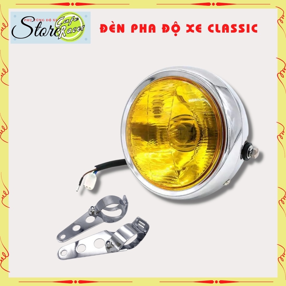 Đèn pha xe máy Cafe Racer kèm pat bắt vào phuộc , mặt kính , gáo mạ inox cao cấp