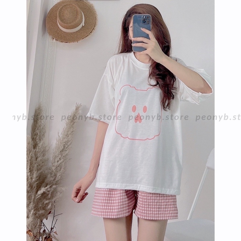 Sét cộc đùi hoạ tiết in gấu-Bộ quần short kẻ caro kèm áo thun tay kĩe form rộng in hình dễ thương, cute