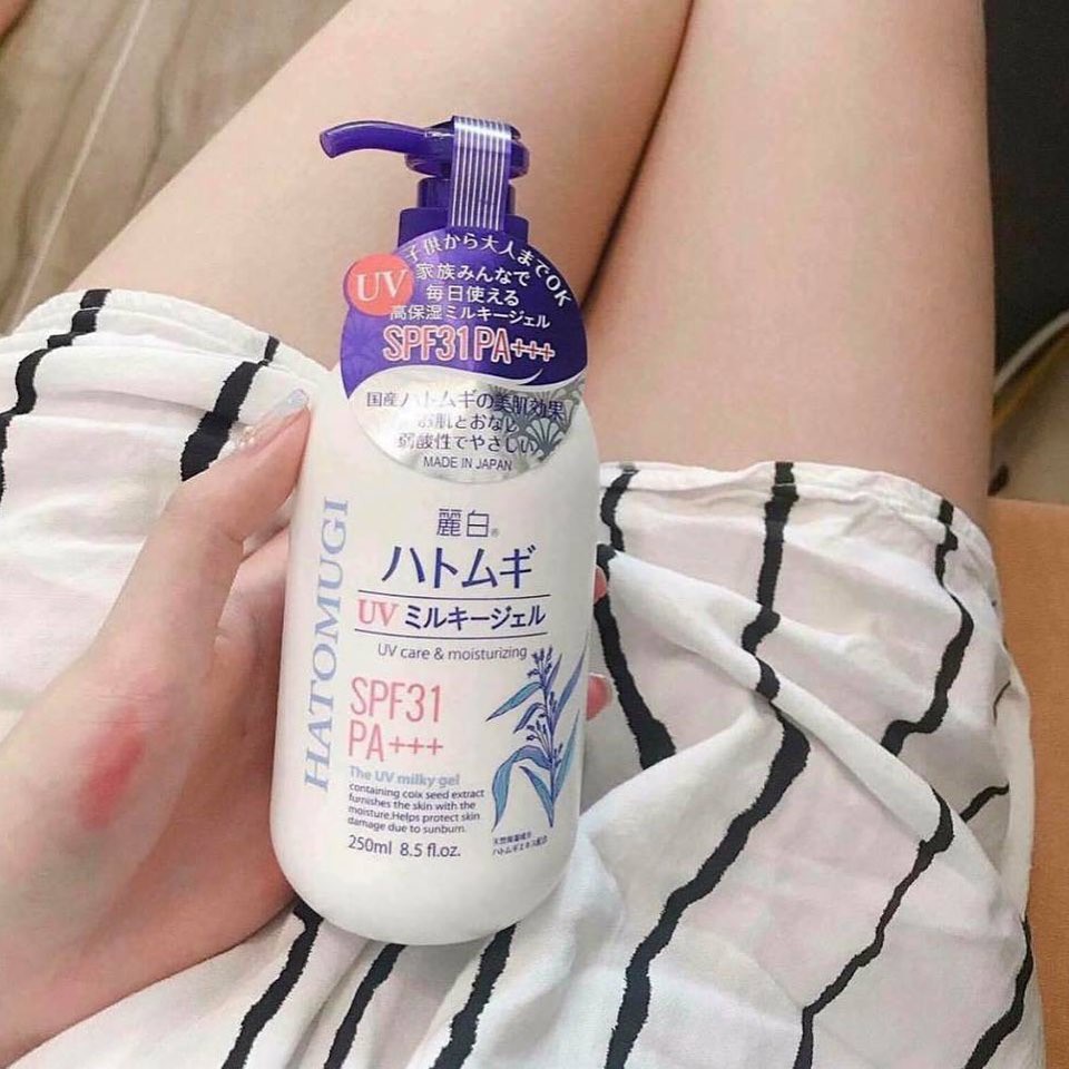 {Chuẩn Auth] Sữa dưỡng trắng da chống nắng Hatomugi UV Milky Gel Kumano 250ml (dùng cho mặt,cổ, và toàn thân)