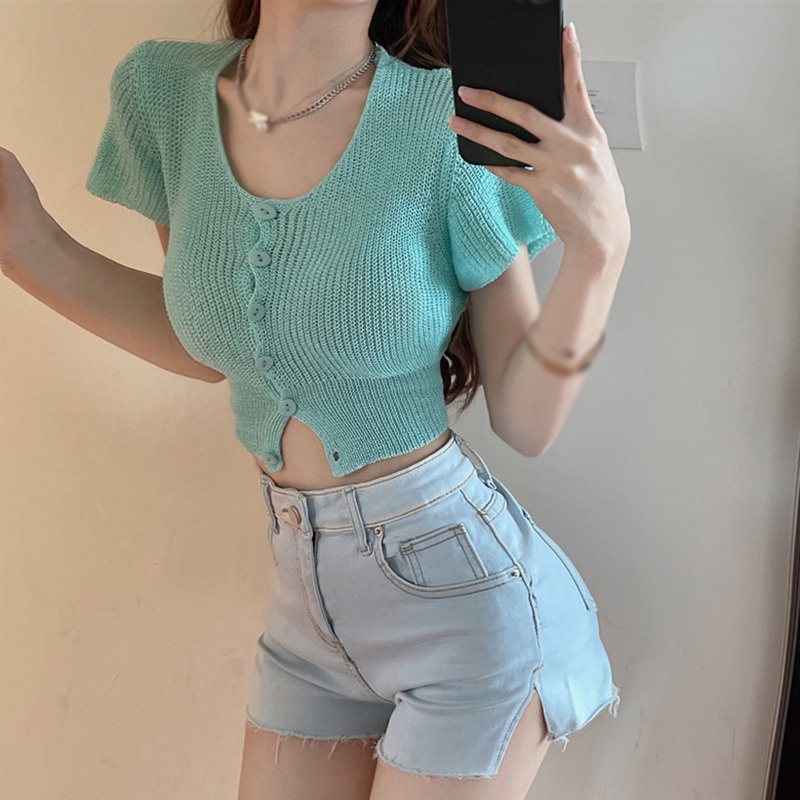 Áo Thun Dệt Kim Ngắn Tay Màu Sắc Đơn Giản Phong Cách Hàn Quốc