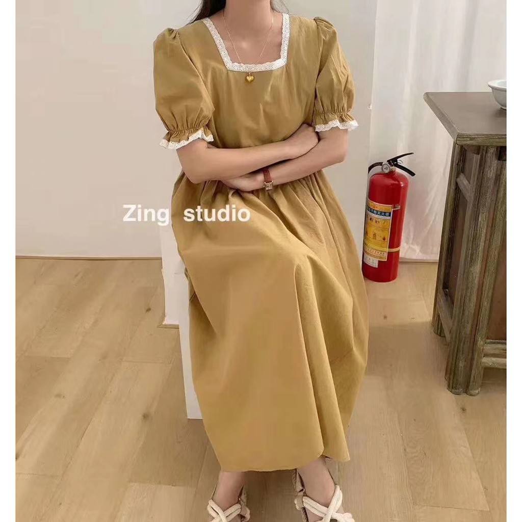 Đầm Maxi Xòe Tay Ngắn, Cố Vuông Viền Ren Màu Trơn SP028589 - SP028595 | BigBuy360 - bigbuy360.vn