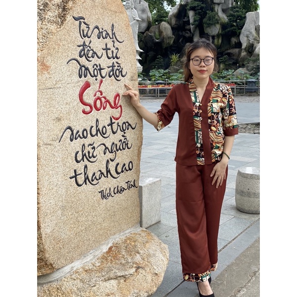 Đồ lam đi chùa nữ mẫu bà lai lụa phối hoạ tiết tay lỡ, vải tuyết nhung cao cấp, form suông, hàng big size