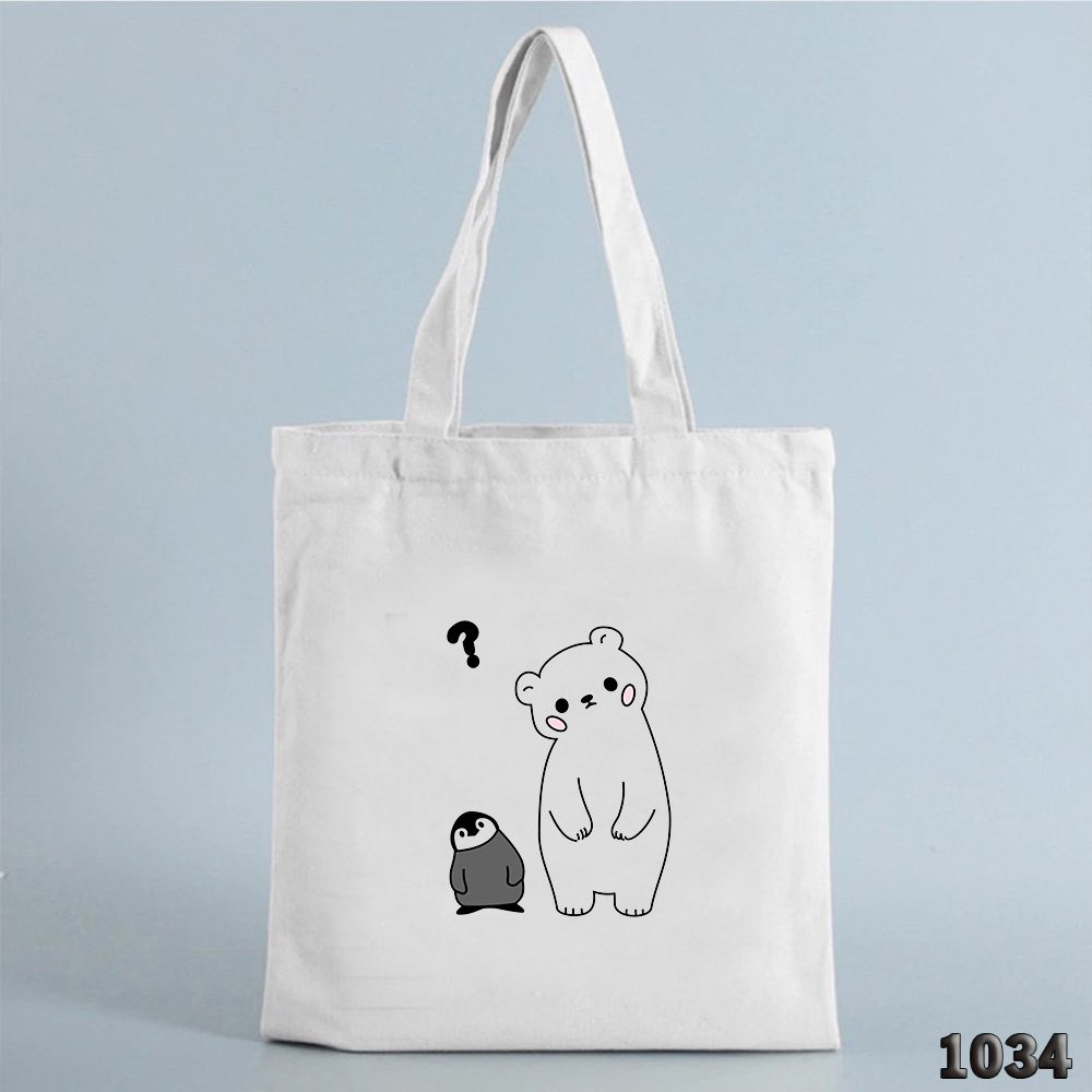 Túi Vải Tote Vải Canvas Trắng Mềm Mịn Phong Cách Hàn Quốc 507 1034 Gấu Và Chim Cánh Cụt Dễ Thương