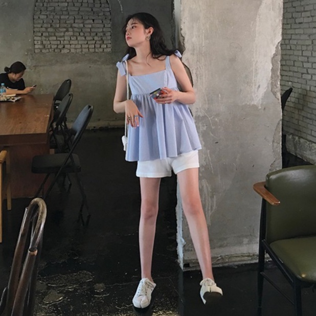SQ002 Set áo 2 dây buộc nơ babydoll quần sooc đùi ống rộng bộ áo hai dây BBD cute quần short kiểu đi ngủ đi chơi mặc nhà