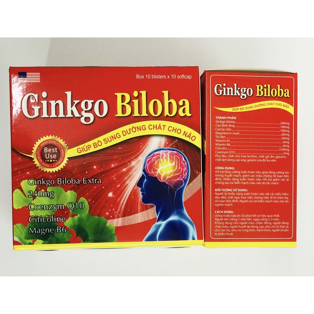 Viên uống bổ não GINKGO BILOBA 240mg giúp tăng cường trí nhớ, tăng tuần hoàn máu não, ngừa tai biến (100 viên/hộp) đỏ