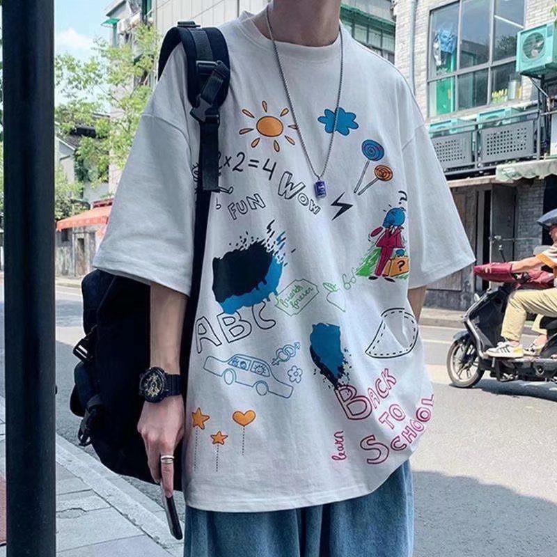 Áo Thun Tay Ngắn Cổ Tròn In Họa Tiết Graffiti Phong Cách Hàn Quốc Thời Trang Mùa Hè Cho Nam Size M-5XL