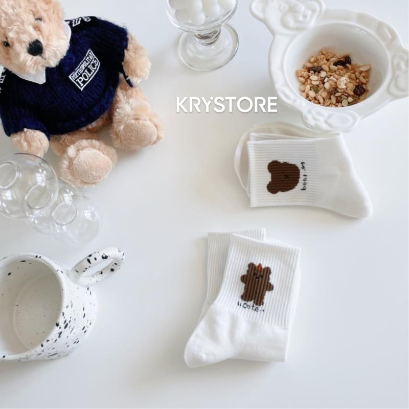 Tất vớ cổ cao trắng hình Gấu Cute chất Cotton đẹp Krystore TC24