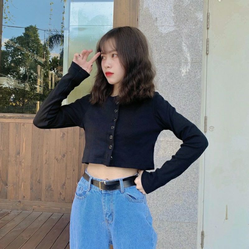 Áo Croptop YAN Cổ Tim Tay Dài Phối Khuy Unisex (2 MÀU) | BigBuy360 - bigbuy360.vn