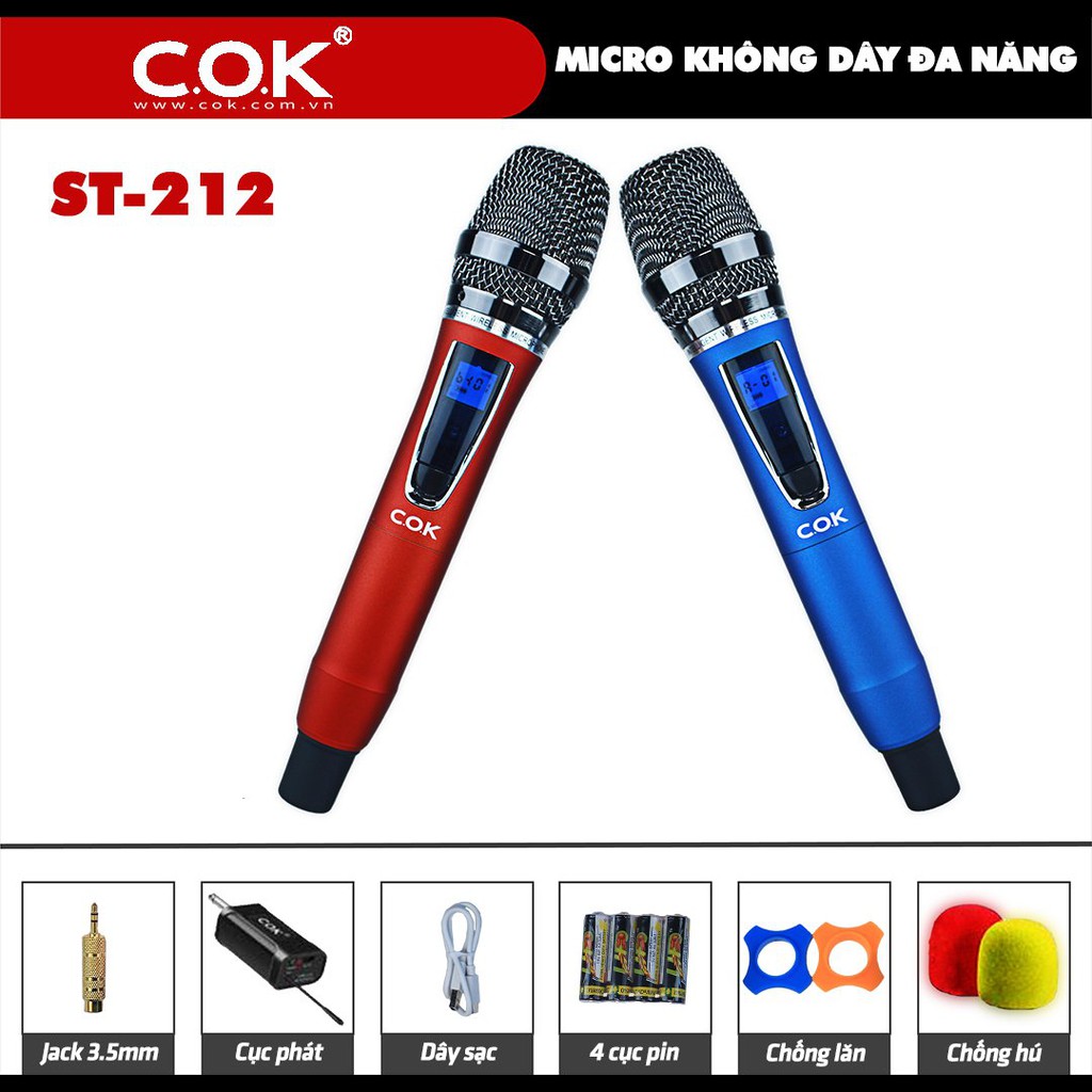 Micro không dây cao cấp C.O.K ST-212, 2 Micro tương thích 1 đầu thu, dành cho loa kéo, amply có cổng 6.5 - BH 6 tháng