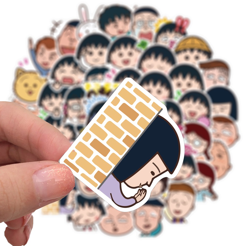 Set 50 miếng nhãn dán chống thấm nước hình chibi Maruko- Chan đáng yêu xinh xắn