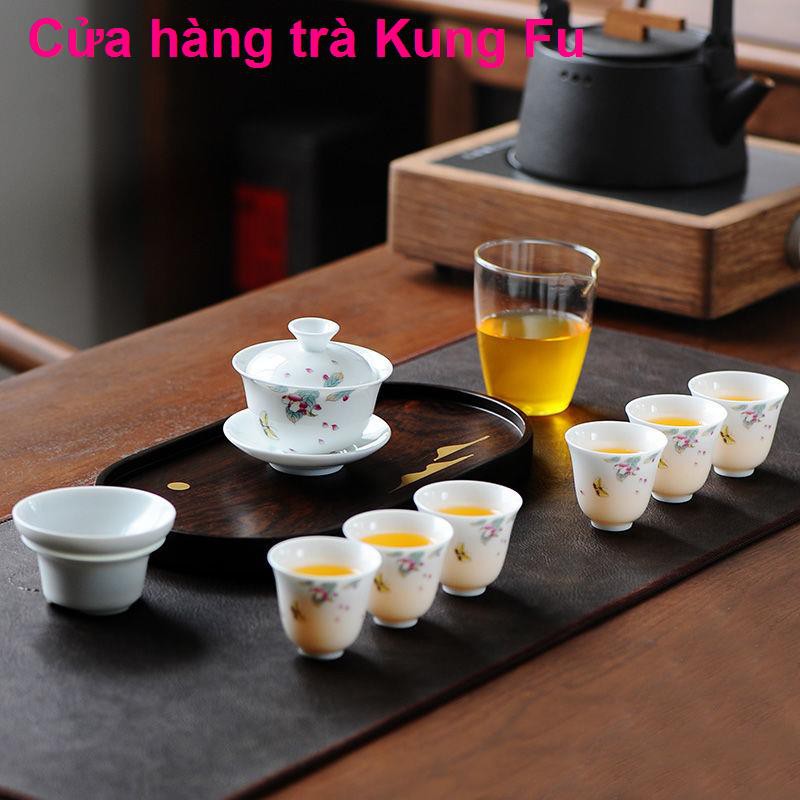 Dehua cao sứ trắng Kung Fu bộ trà quà tặng gia dụng logo tùy chỉnh nắp gốm bát tách hộp