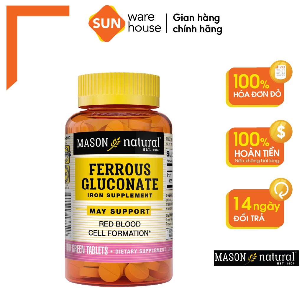 Viên Uống Bổ Máu, Tăng Tế Bào Hồng Cầu MASON NATURAL Ferrouse Gluconate 100 Viên
