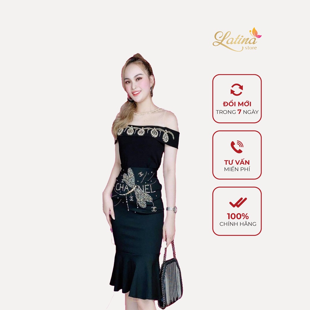 Áo Trễ vai Phối Lưới Màu Da Gợi Cảm kết Pha Lê Đính Đá Thủ Công Tỉ Mỉ- Latina Thời Trang Thiết Kế