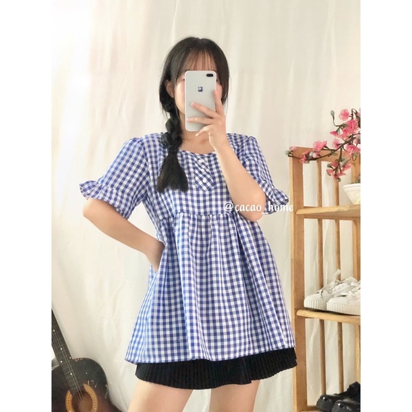 Áo babydoll caro xanh dễ thương tặng kèm scrunchie cùng màu