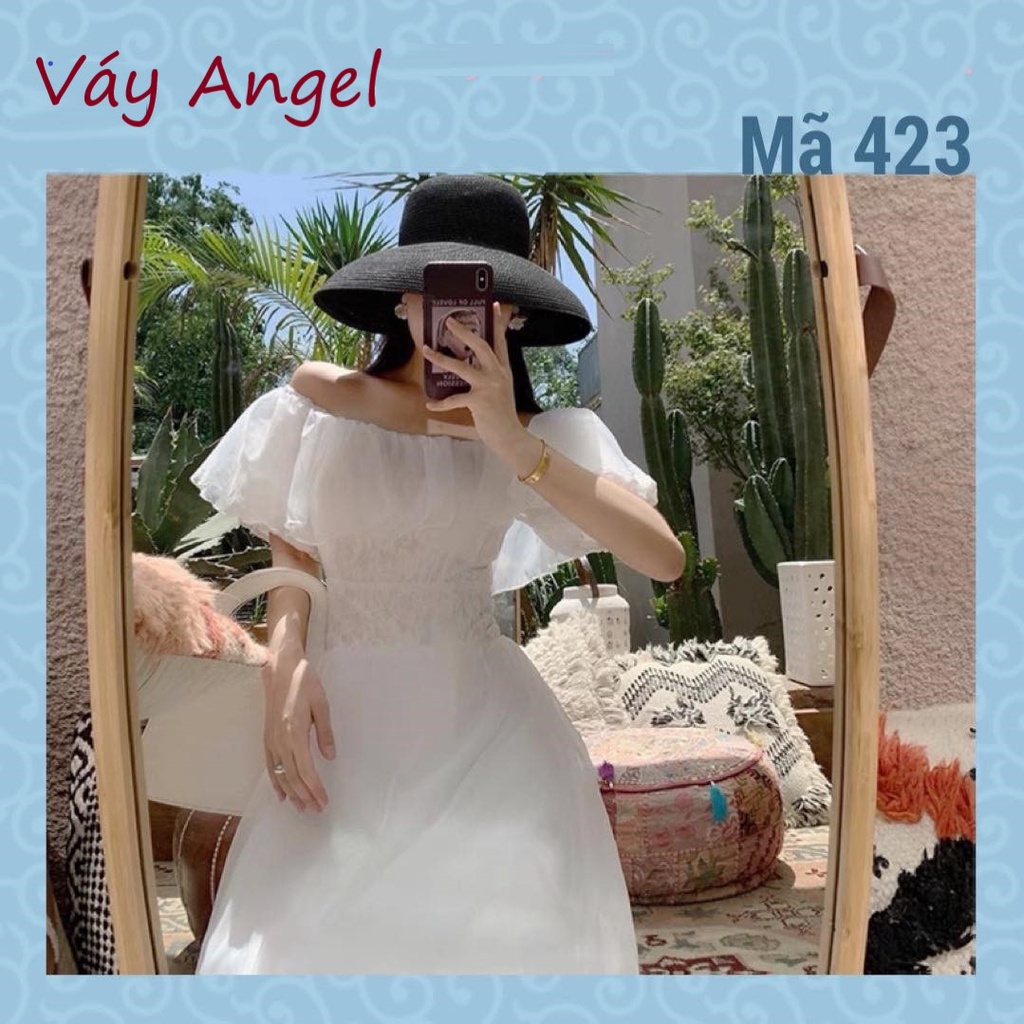Đầm váy Angel trắng dáng dài phong cách Hàn Quốc mặc trễ vai hoặc trên vai, vải voan cao cấp phối ren lót lụa v423