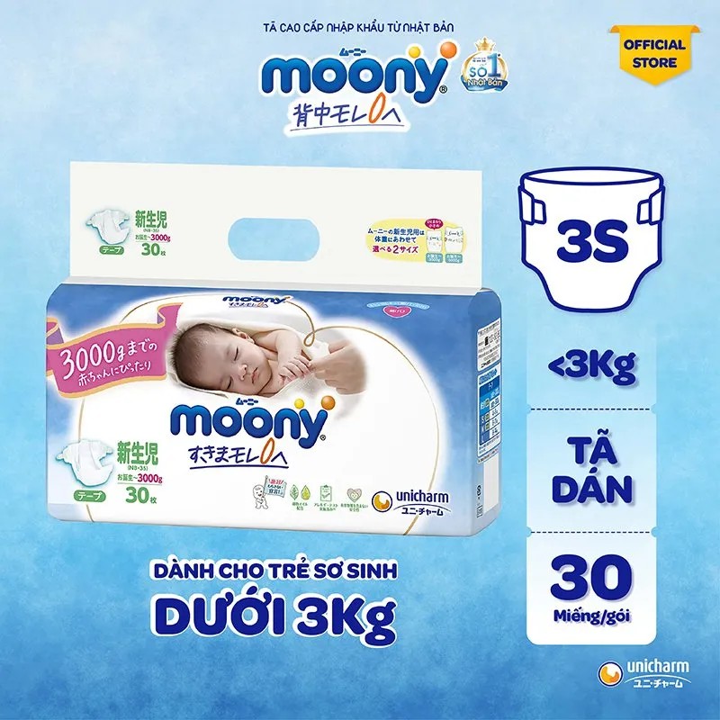 Tã dán cao cấp Moony 3S dành cho trẻ sơ sinh dưới 3 KG NB30