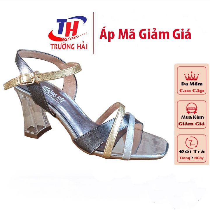 Xăng đan nữ Cao gót Trường Hải DA bò thật Gót Vuông 9,5cm Mika Trong CG180