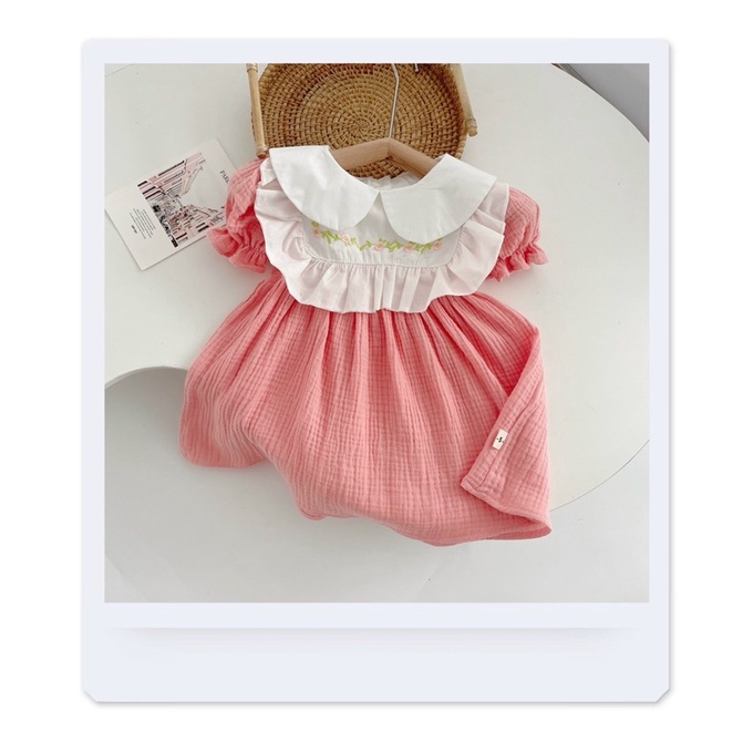 Váy hè cộc tay chất xô phối thêu ngực-chất mát thấm mồ hôi cho bé gái 8-19kg