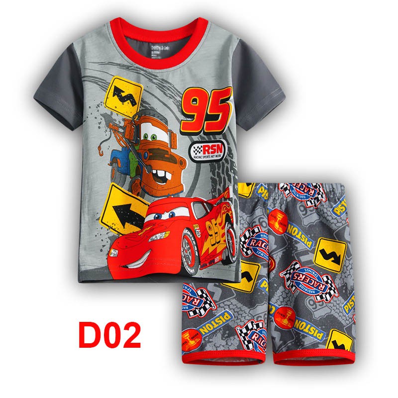 Set đồ ngủ 2 món áo thun tay ngắn in họa tiết xe hơi hoạt hình 95 và quần đùi dành cho bé trai 1-7 tuổi