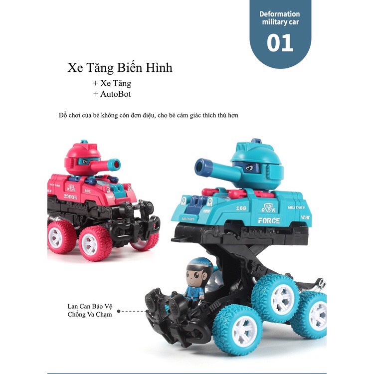 Đồ chơi cho bé ô tô địa hình, xe tăng chạy bánh đà biến hình robot xoay 360 độ