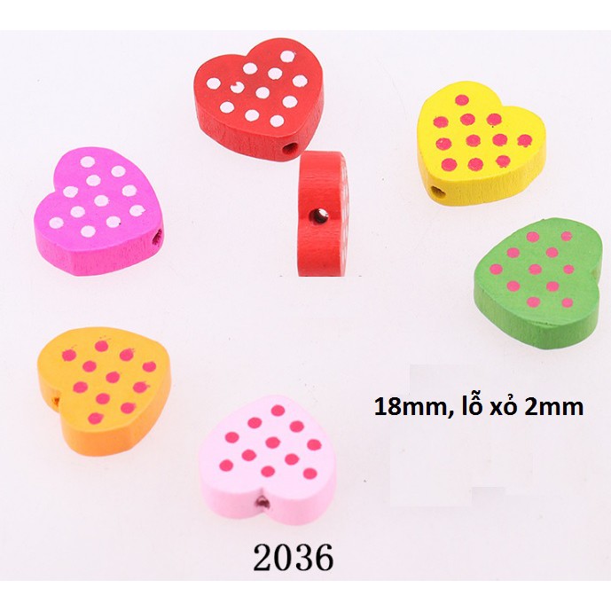 10 trái tim gỗ 18mm in chấm bi MH 2036 làm đồ chơi, trang trí