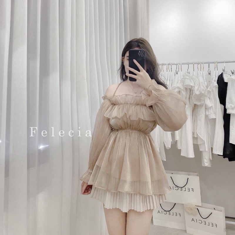 SET áo trễ vai tay phồng bo chun vai ngực eo + chân váy xếp ly ( có lót quần ) - 22.Lystore