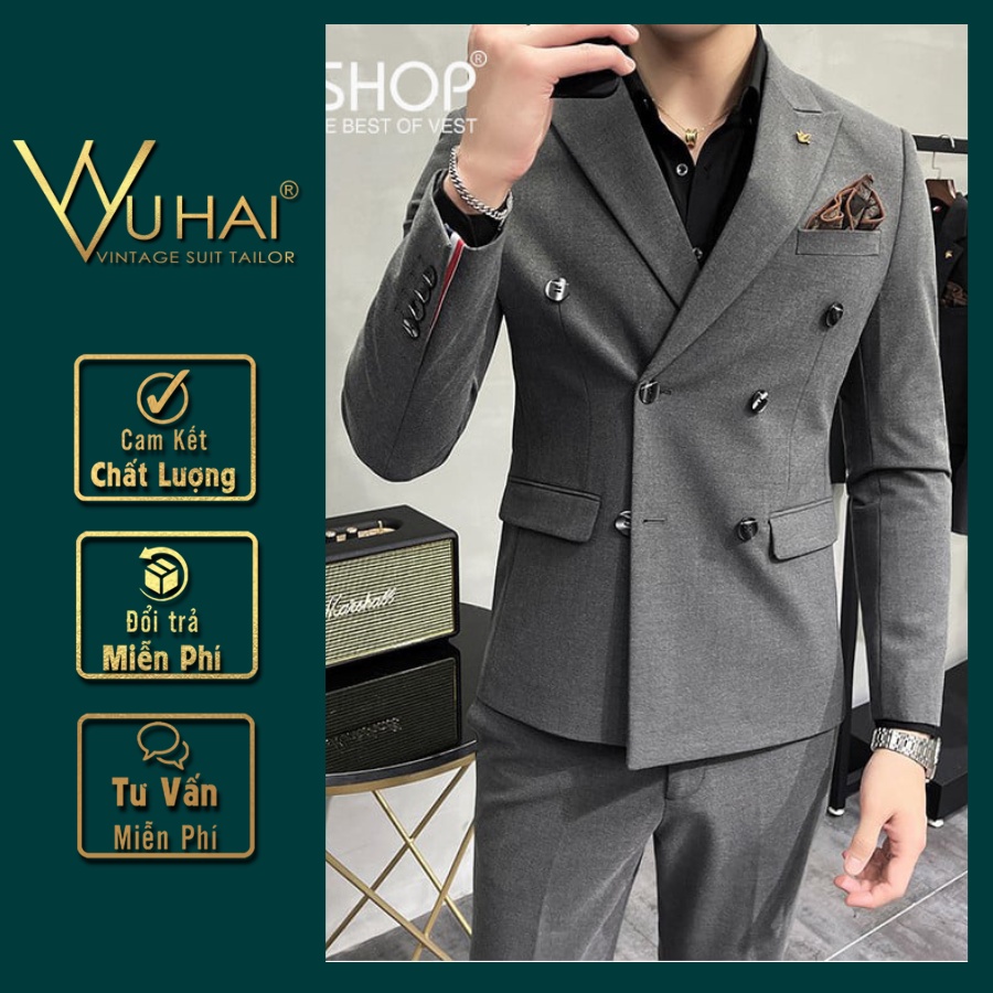 Vest Nam đẹp 6 cúc màu ghi xám, Áo Blazer nam phong cách Hàn Quốc M033