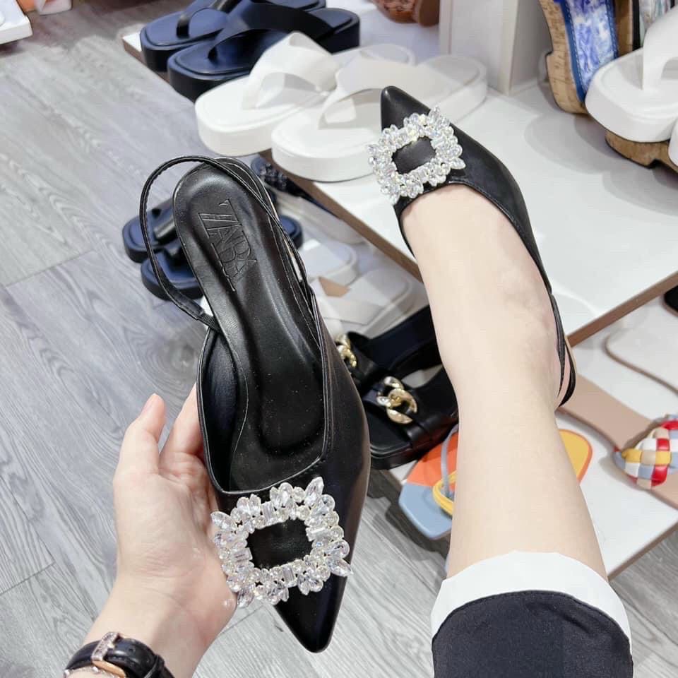 Ảnh thật Giày cao gót nữ bệt giày bệt nữ quai thun sau mũi đá hoa trắng siêu xinh  form 1,5 chân gầy lùi size
