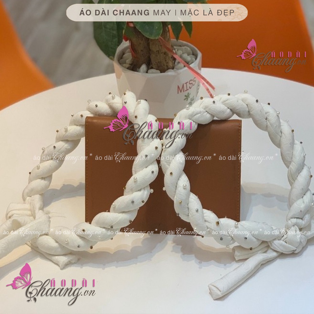 Mấn nhung đội đầu áo dài cách tân nữ truyền thống CHAANG may thiết kế chụp hình dự tiệc cưới lễ tết đẹp ADC924