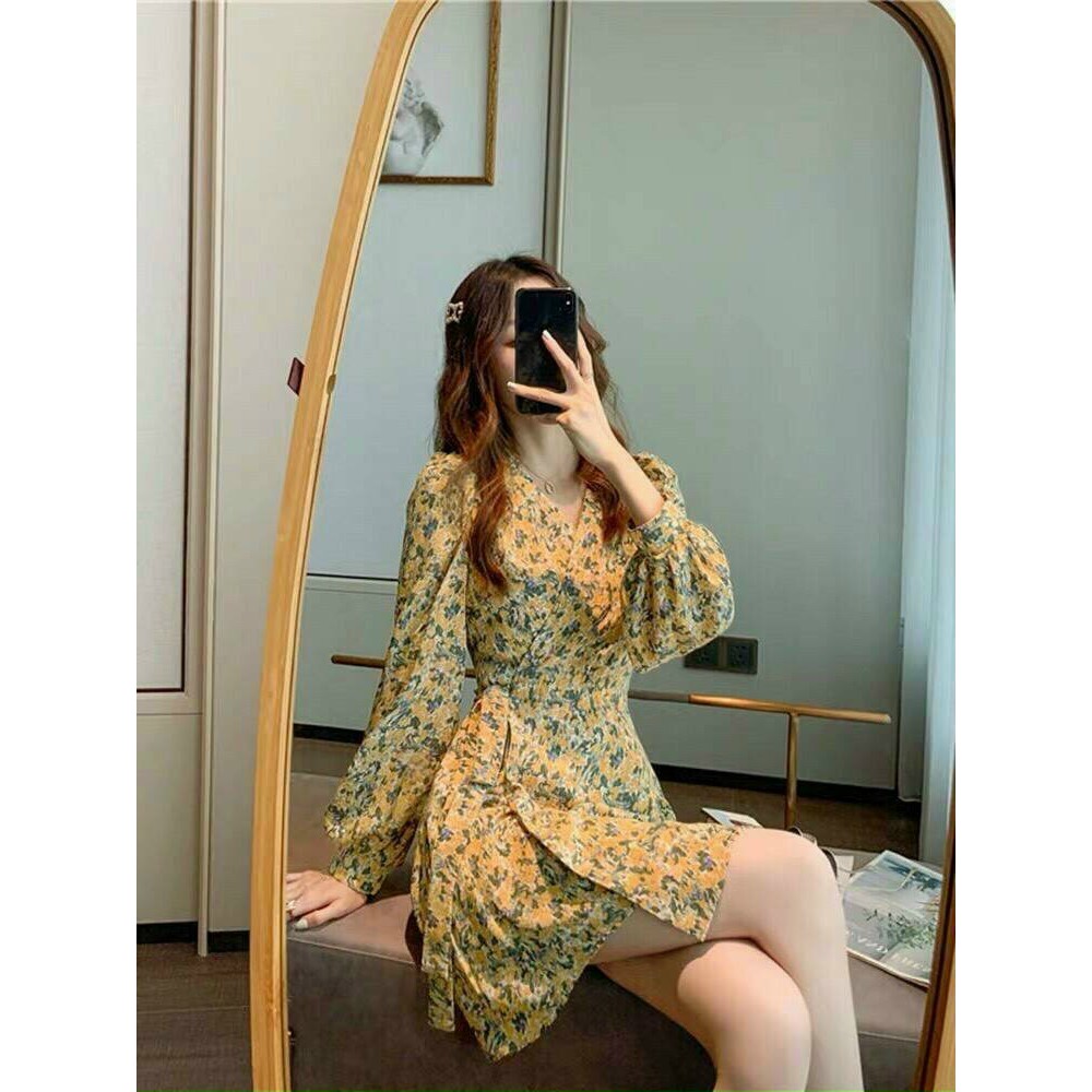 Đầm lụa hoa tay dài bo cổ tim cột nơ eo xinh lung linh